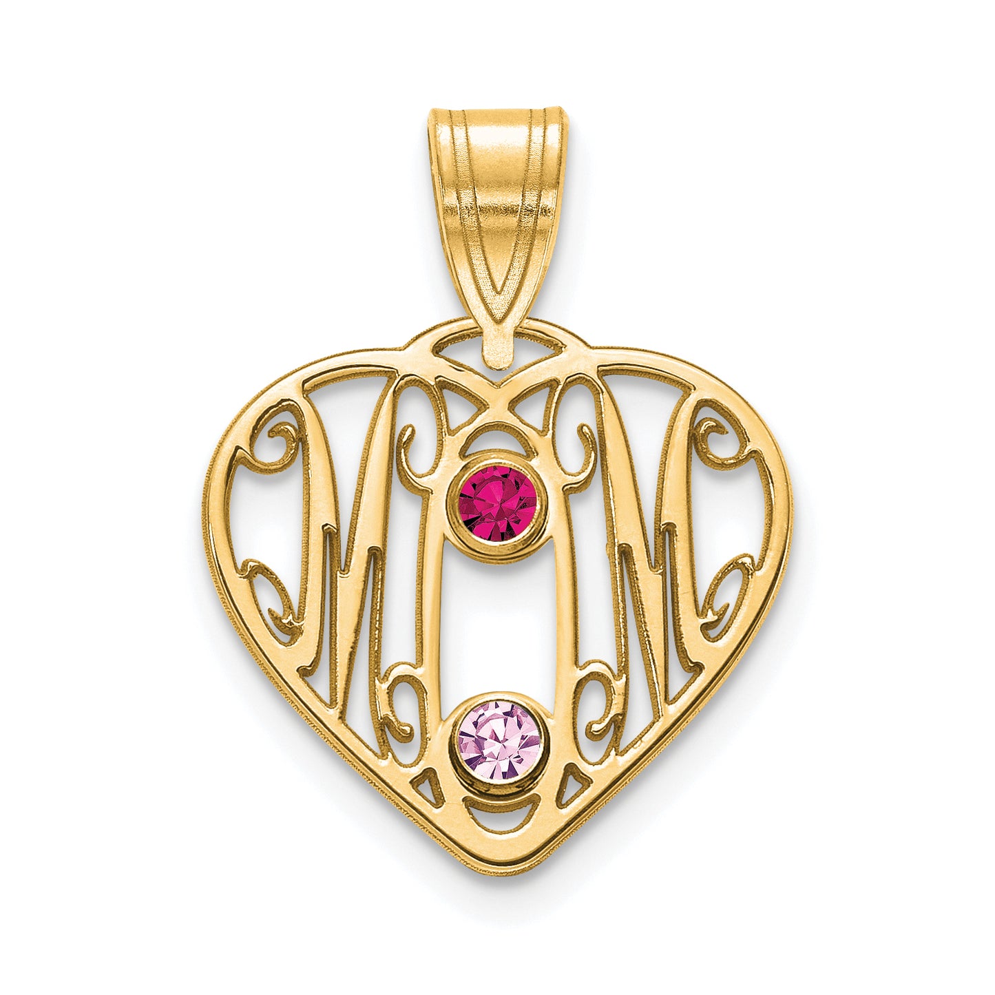 14K Yellow Gold MOM in Heart 2 Birthstones w/14k Bezel Pendant