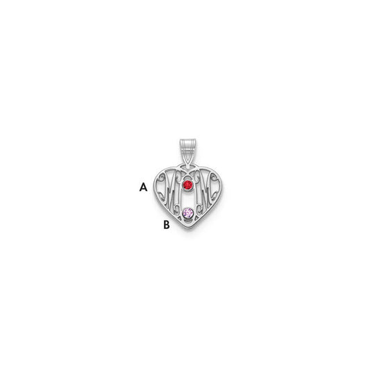 10K White Gold MOM in Heart 2 Birthstones w/18k Rhodium Plated Bezel Pendant