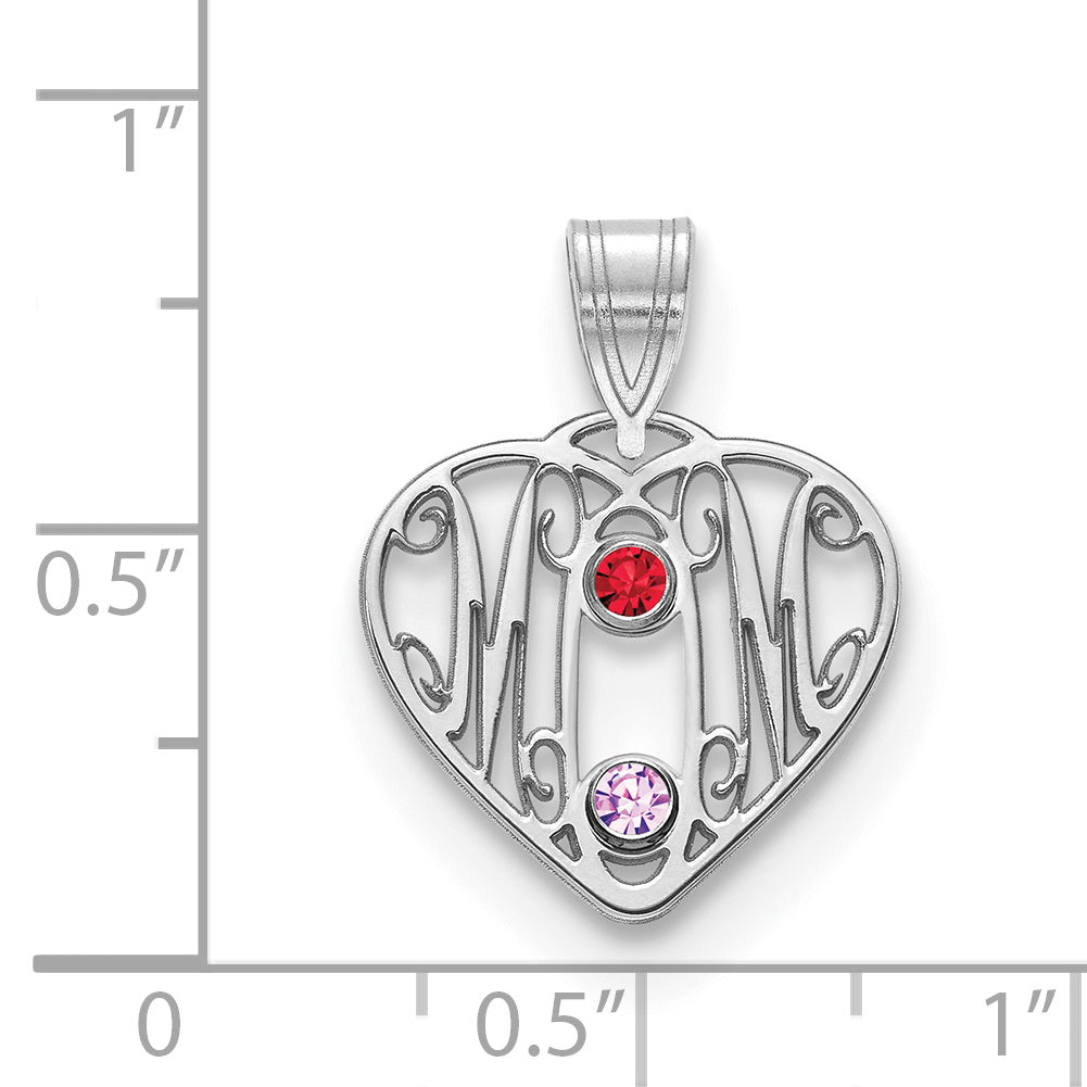 Sterling Silver Rhodium plated MOM in Heart with 2 Birthstones Pendant