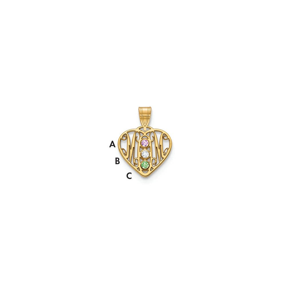 14K Yellow Gold MOM in Heart 3 Birthstones w/14k Bezel Pendant