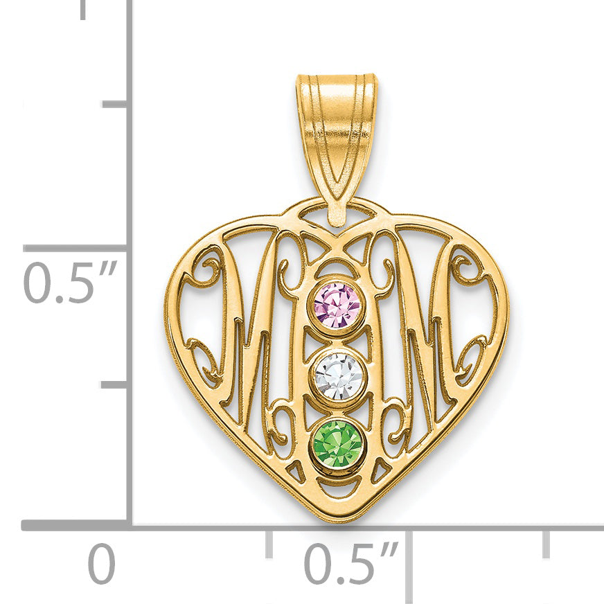 Sterling Silver Gold plated MOM in Heart with 3 Birthstones Pendant