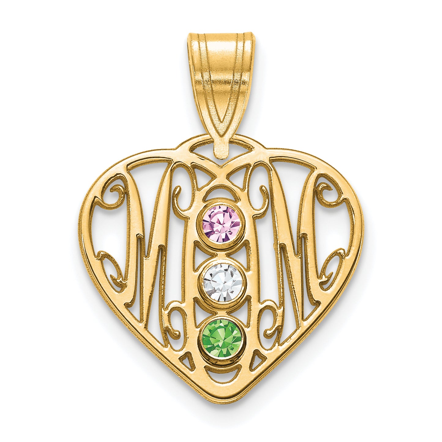 14K Yellow Gold MOM in Heart 3 Birthstones w/14k Bezel Pendant