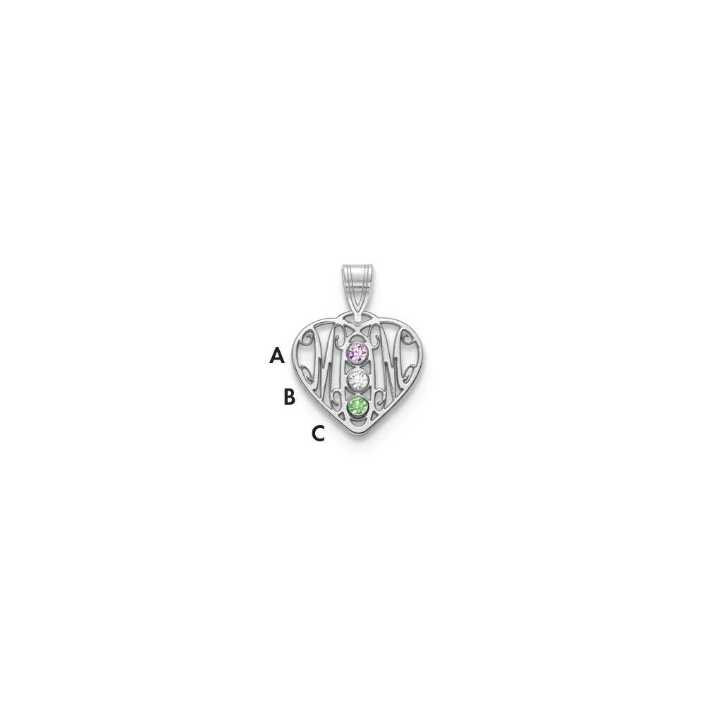 Sterling Silver Rhodium plated MOM in Heart with 3 Birthstones Pendant