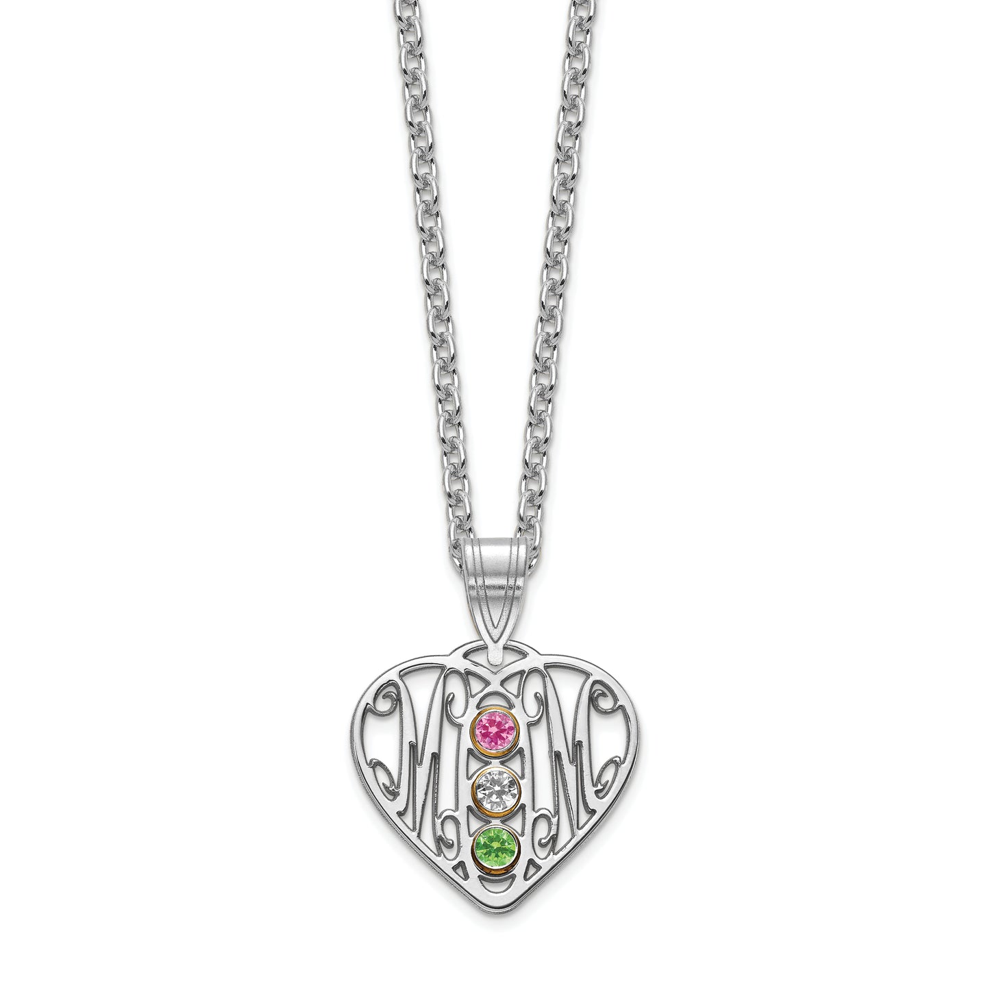 Sterling Silver Rhodium plated MOM in Heart with 3 Birthstones Pendant