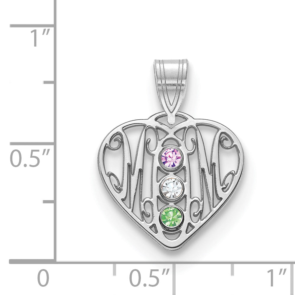 Sterling Silver Rhodium plated MOM in Heart with 3 Birthstones Pendant