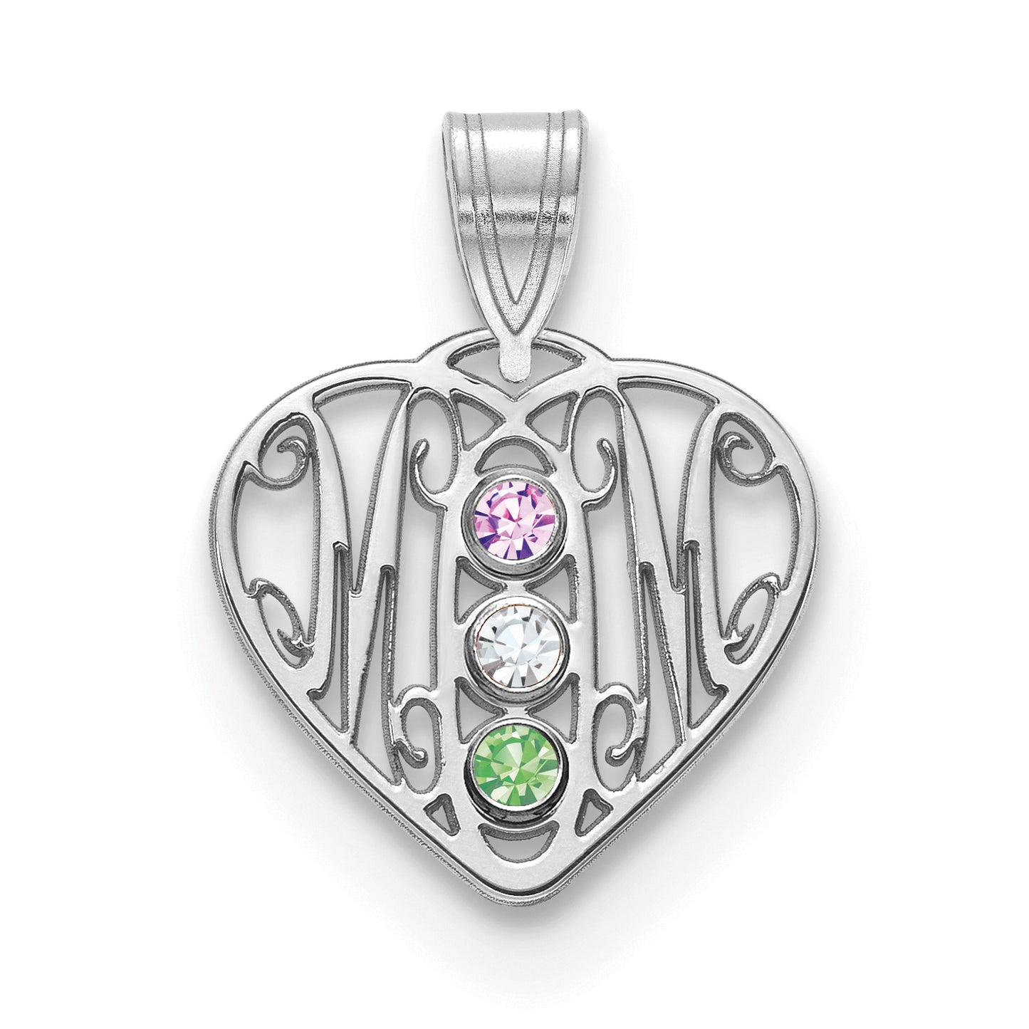 Sterling Silver Rhodium plated MOM in Heart with 3 Birthstones Pendant