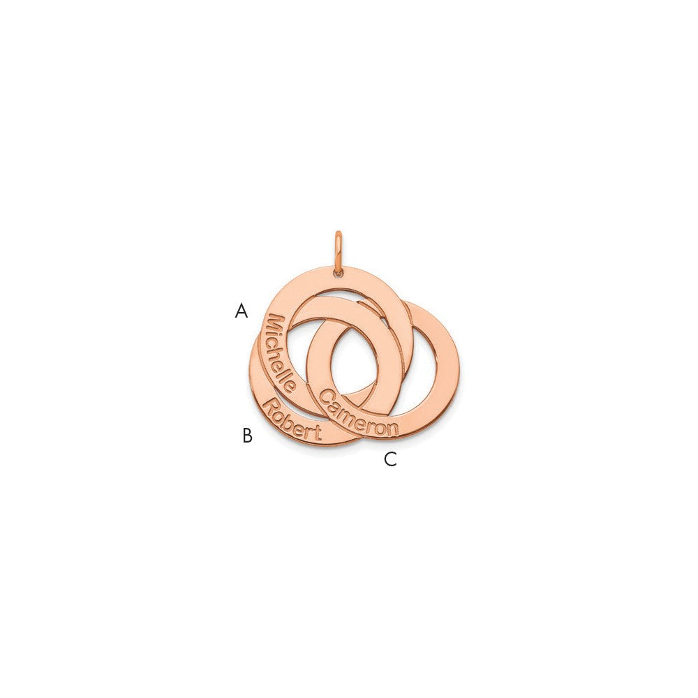 Sterling Silver Rose Gold plated 3 Interlocking Circles with Names Charm