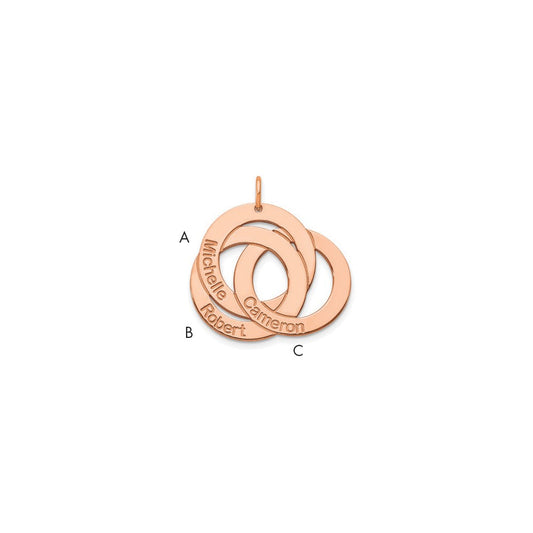 14K Rose Gold 3 Interlocking Circles with Names Charm