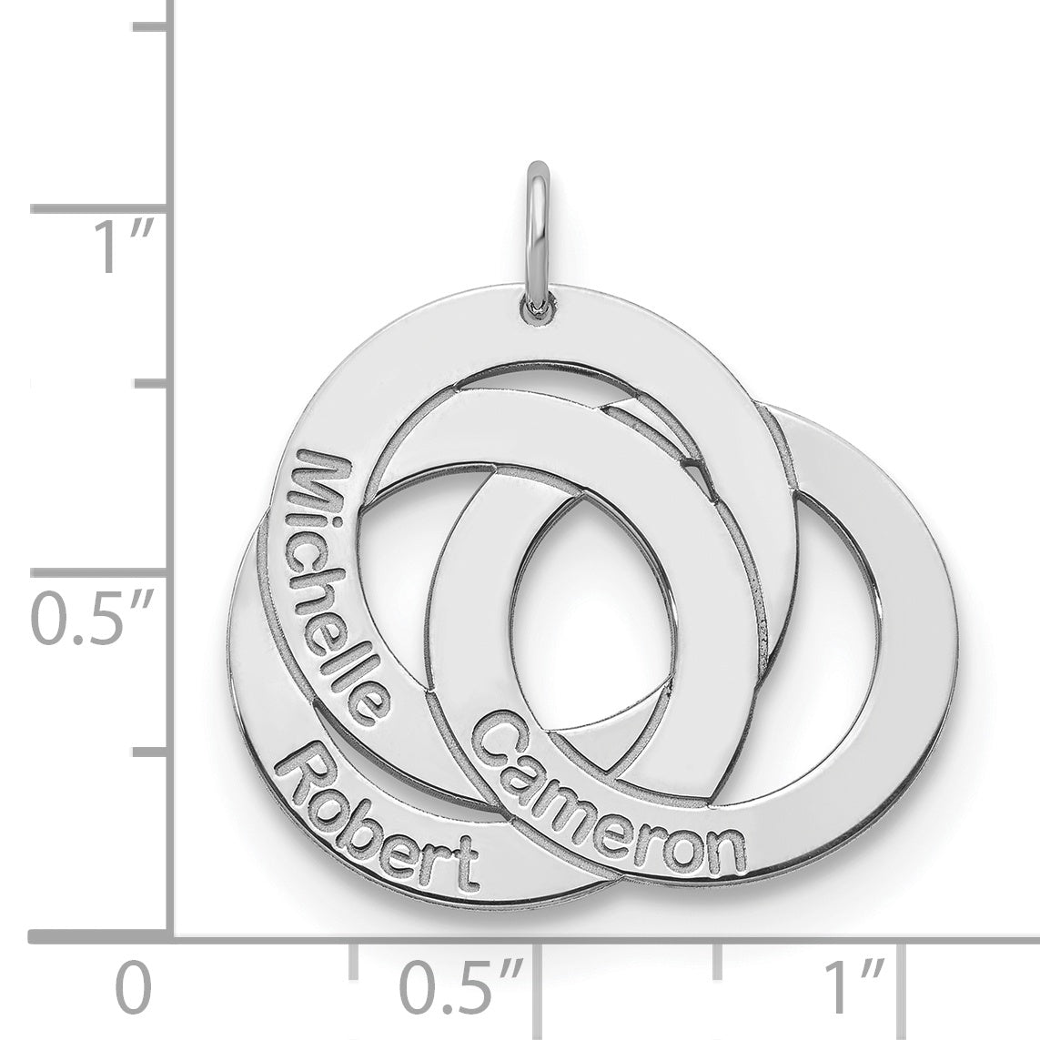 Sterling Silver Rhodium plated 3 Interlocking Circles with Names Charm