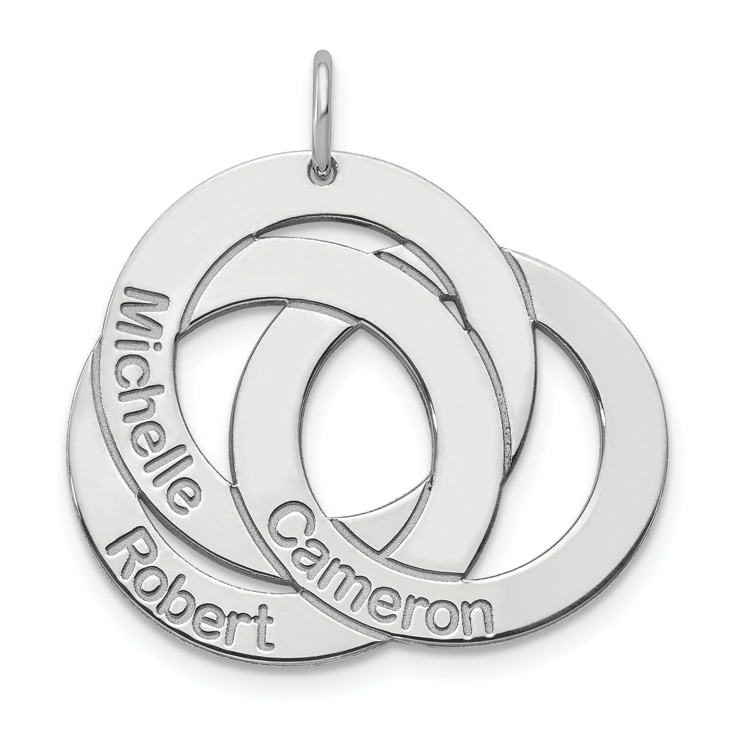 Sterling Silver Rhodium plated 3 Interlocking Circles with Names Charm