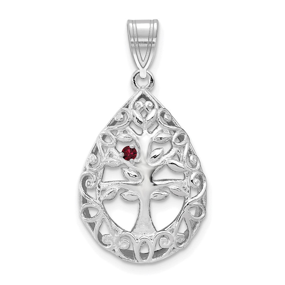 Sterling Silver Rhodium plated 1 Birthstone Tree of Life Tear Drop Pendant