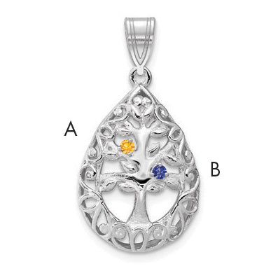 10K White Gold 2 Birthstone Tree of Life Tear Drop Pendant