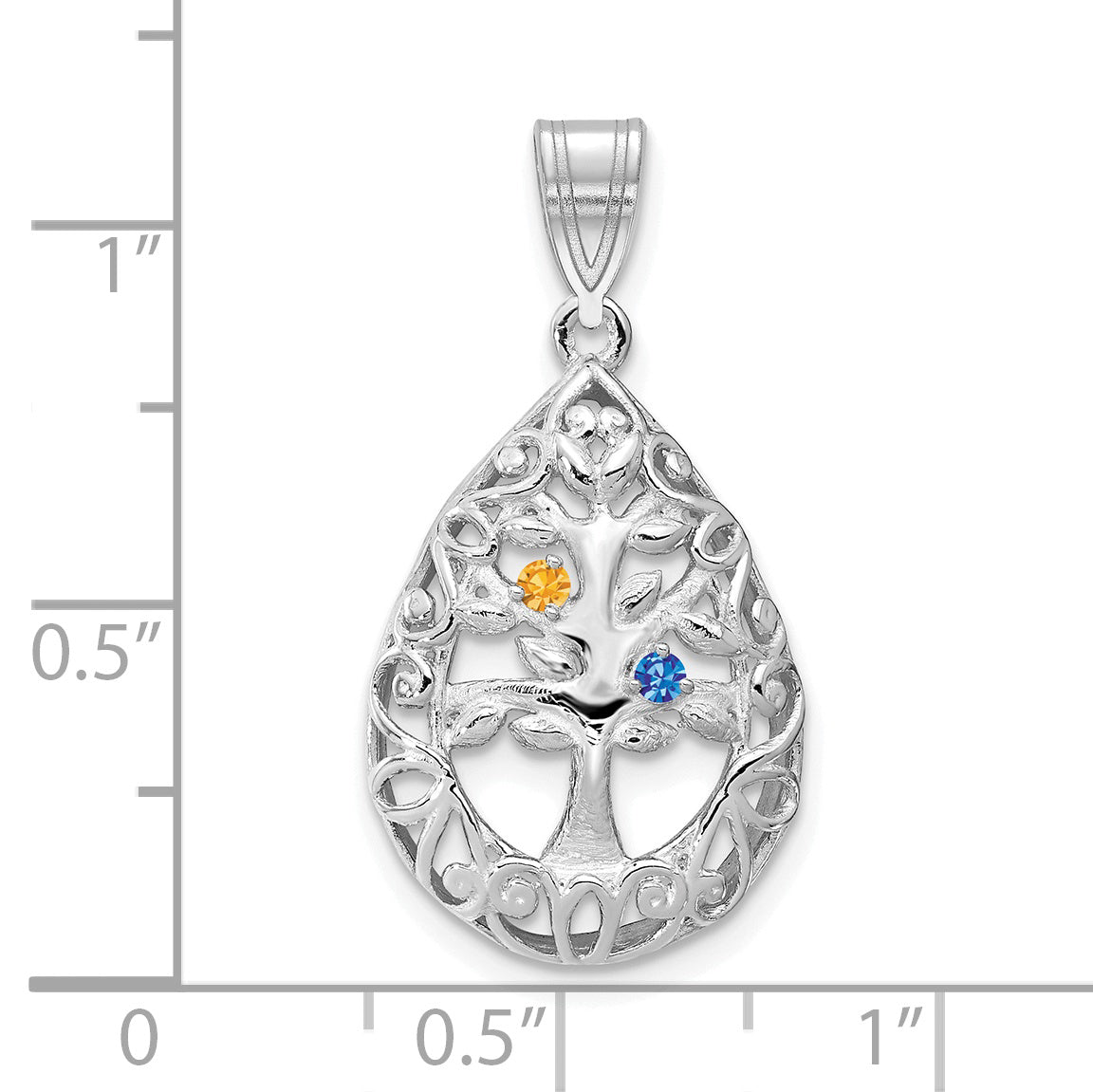 14K White Gold 2 Birthstone Tree of Life Tear Drop Pendant