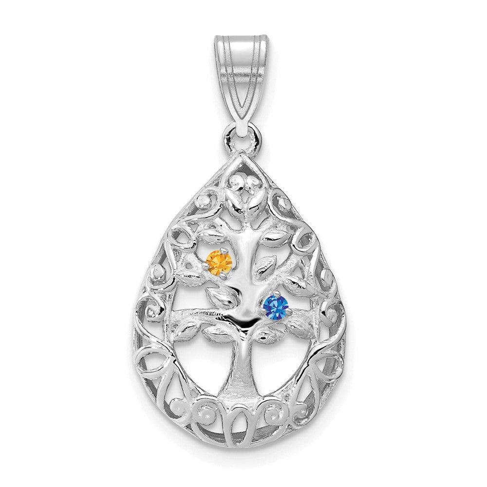 10K White Gold 2 Birthstone Tree of Life Tear Drop Pendant
