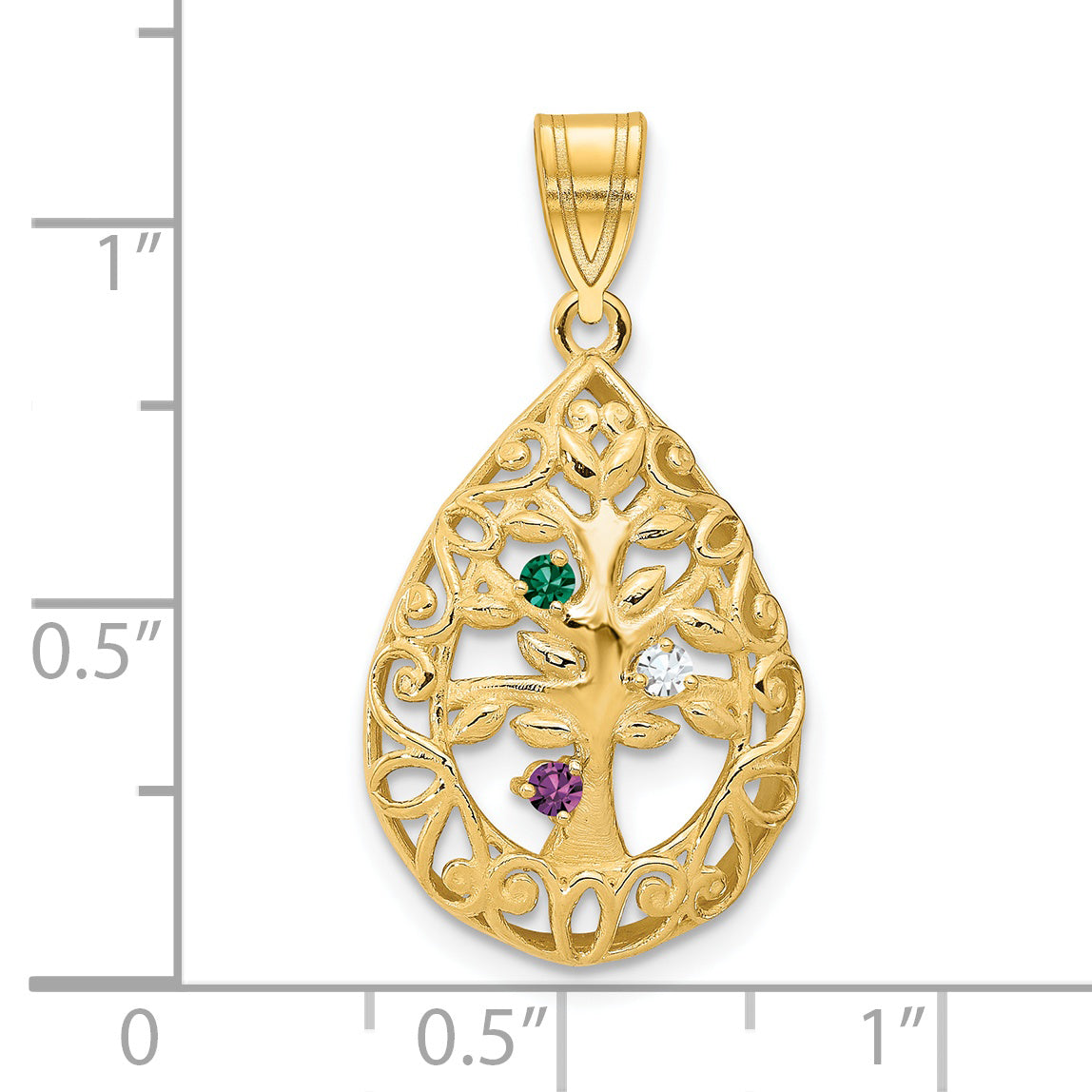10K Yellow Gold 3 Birthstone Tree of Life Tear Drop Pendant