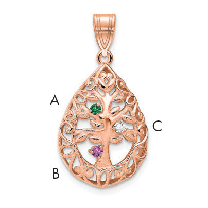 Sterling Silver Rose Gold plated 3 Birthstone Tree of Life Tear Drop Pendant