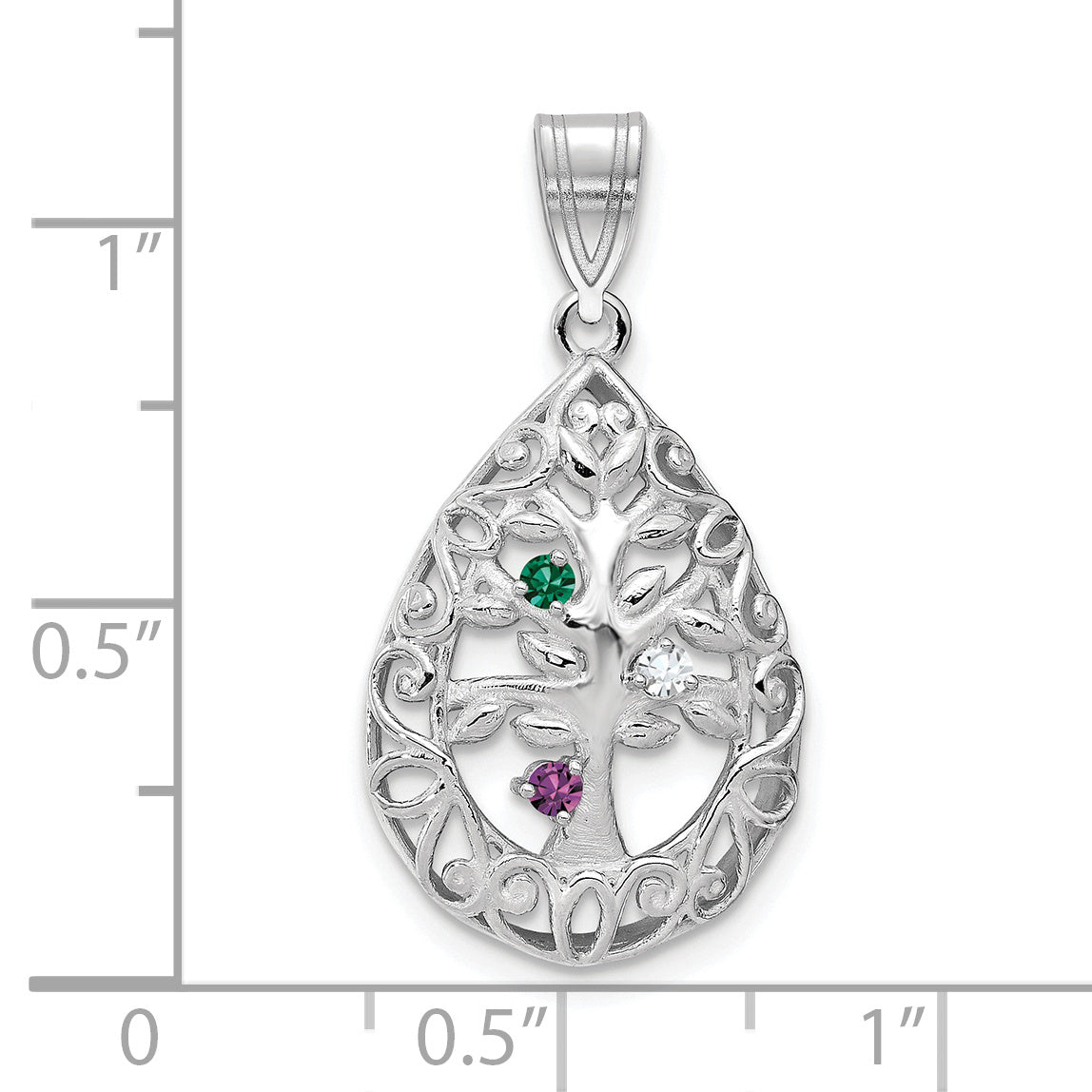 14K White Gold 3 Birthstone Tree of Life Tear Drop Pendant