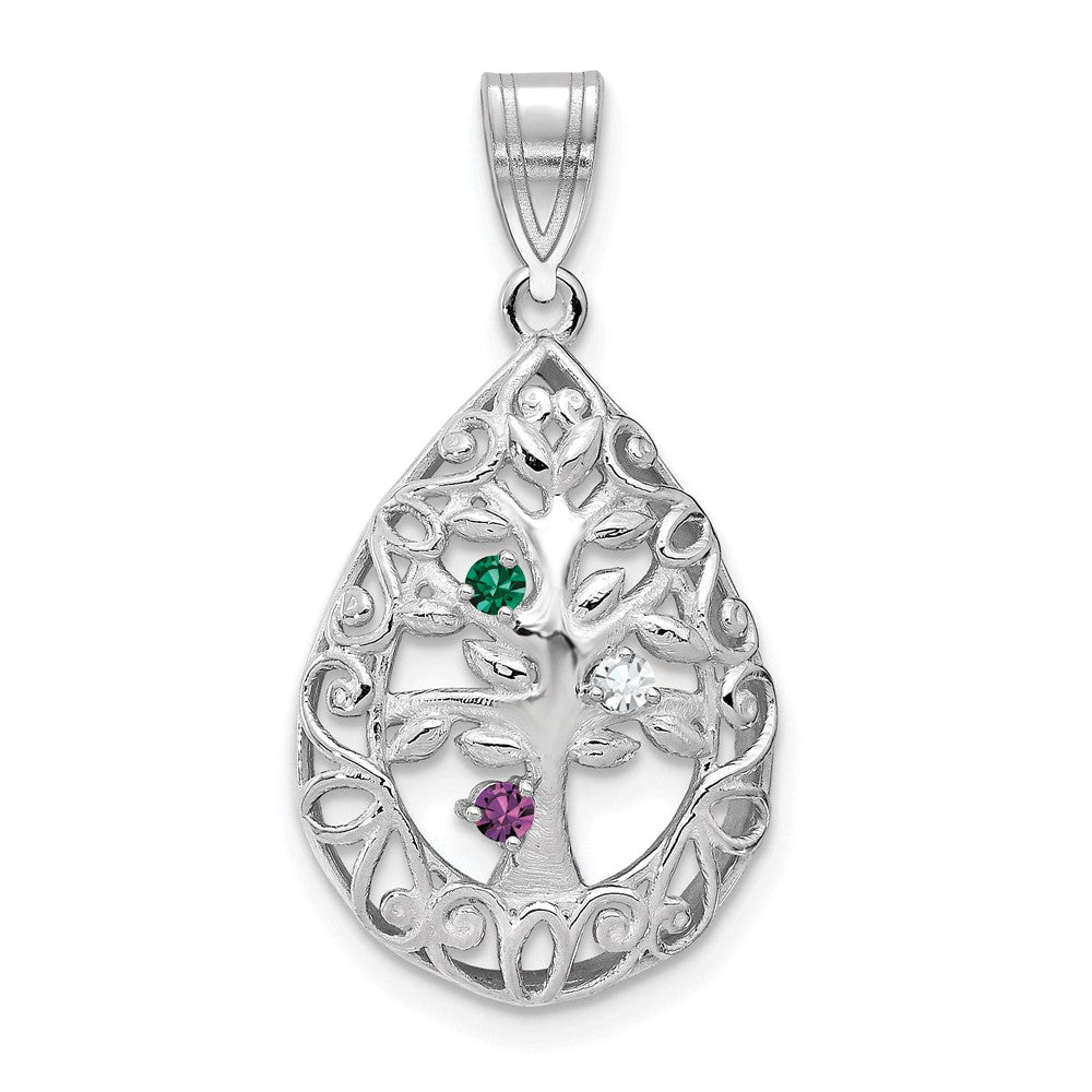 10K White Gold 3 Birthstone Tree of Life Tear Drop Pendant