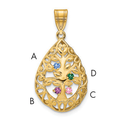 14K Yellow Gold 4 Birthstone Tree of Life Tear Drop Pendant
