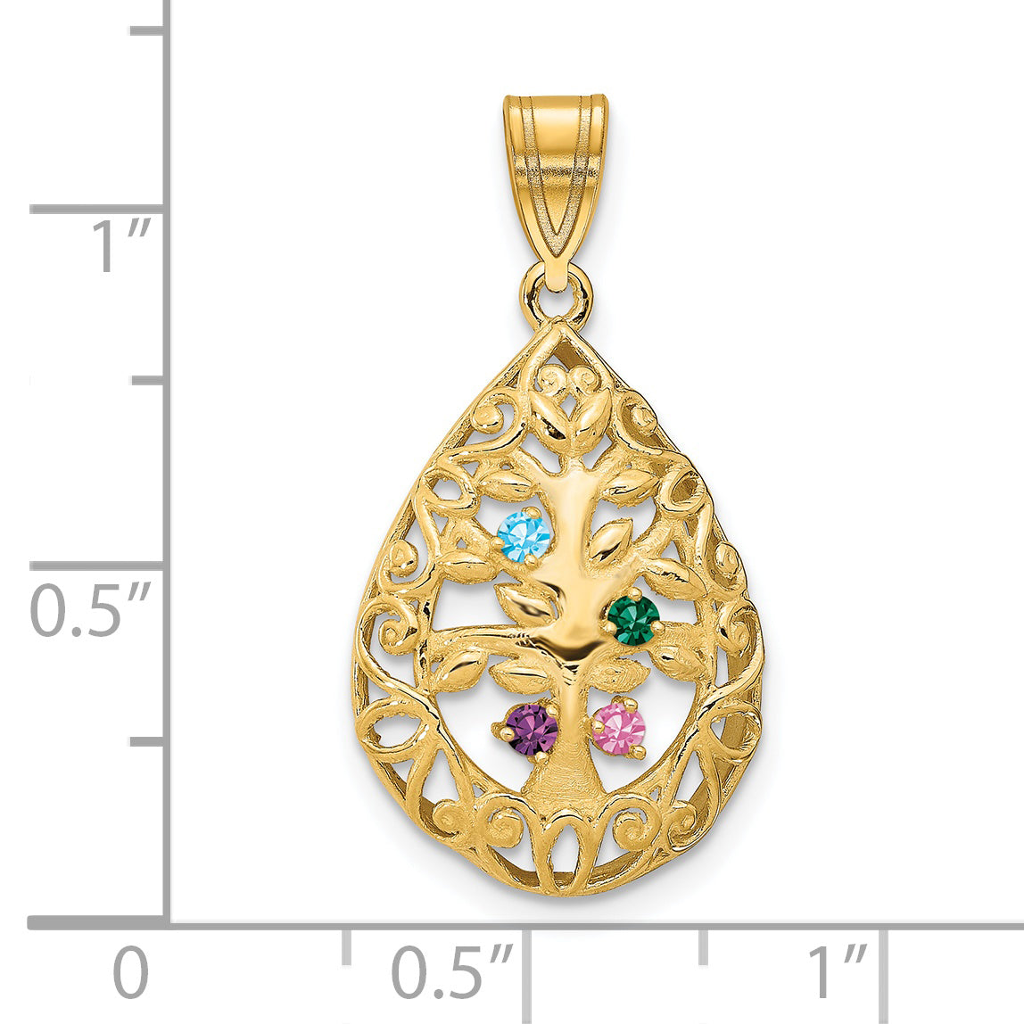 14K Yellow Gold 4 Birthstone Tree of Life Tear Drop Pendant