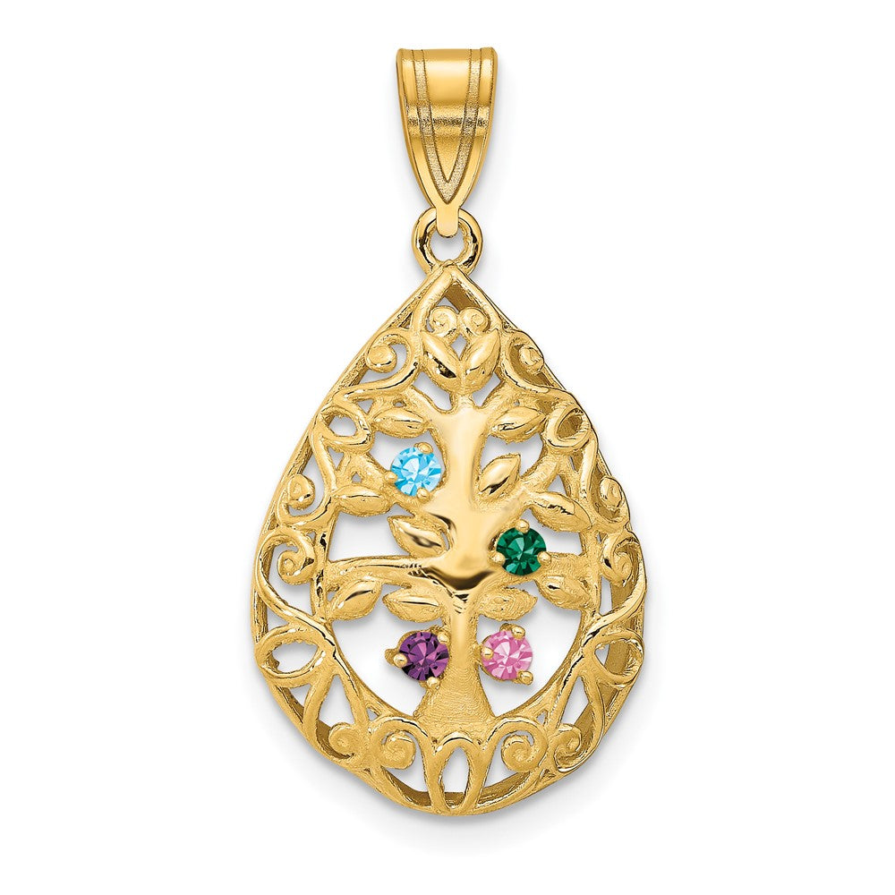 14K Yellow Gold 4 Birthstone Tree of Life Tear Drop Pendant