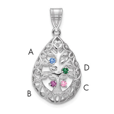 14K White Gold 4 Birthstone Tree of Life Tear Drop Pendant