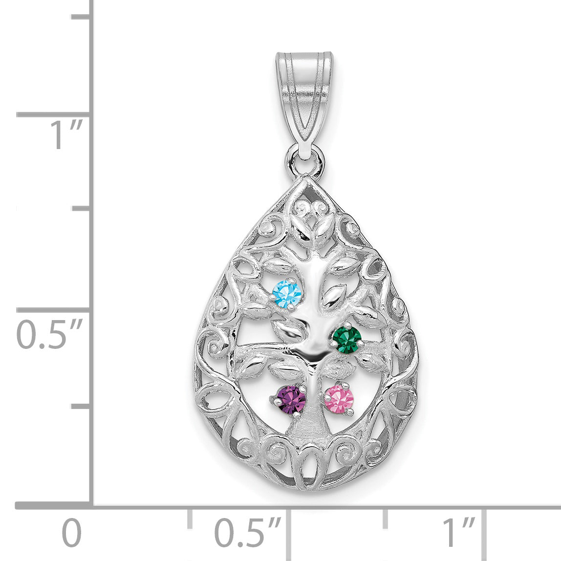 14K White Gold 4 Birthstone Tree of Life Tear Drop Pendant