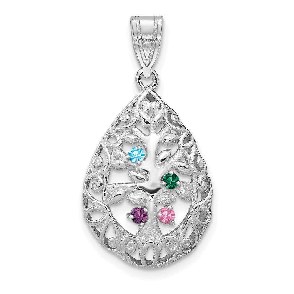 14K White Gold 4 Birthstone Tree of Life Tear Drop Pendant