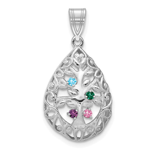 14K White Gold 4 Birthstone Tree of Life Tear Drop Pendant