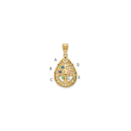 14K Yellow Gold 5 Birthstone Tree of Life Tear Drop Pendant