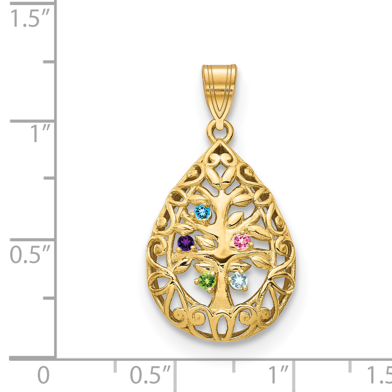 14K Yellow Gold 5 Birthstone Tree of Life Tear Drop Pendant