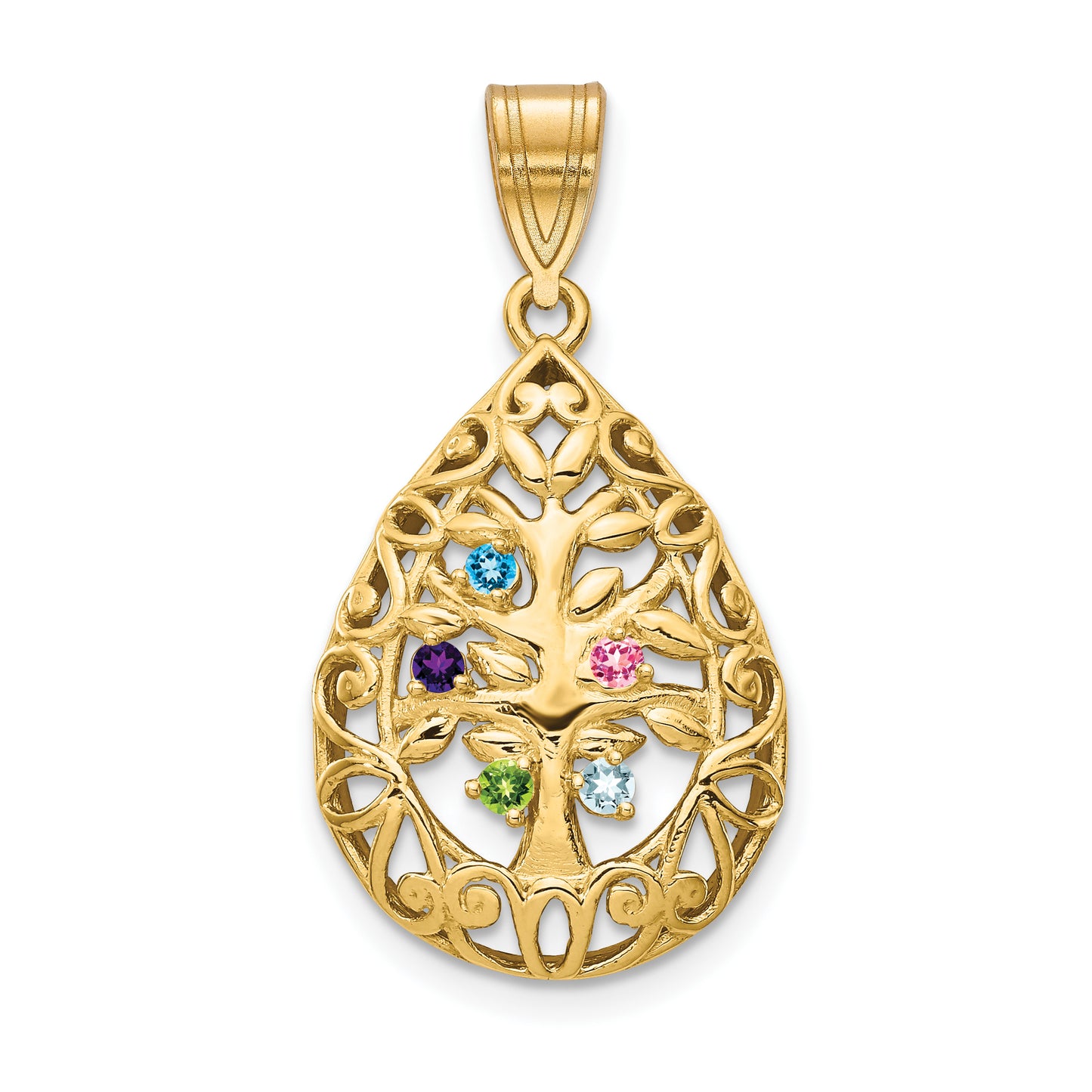 14K Yellow Gold 5 Birthstone Tree of Life Tear Drop Pendant