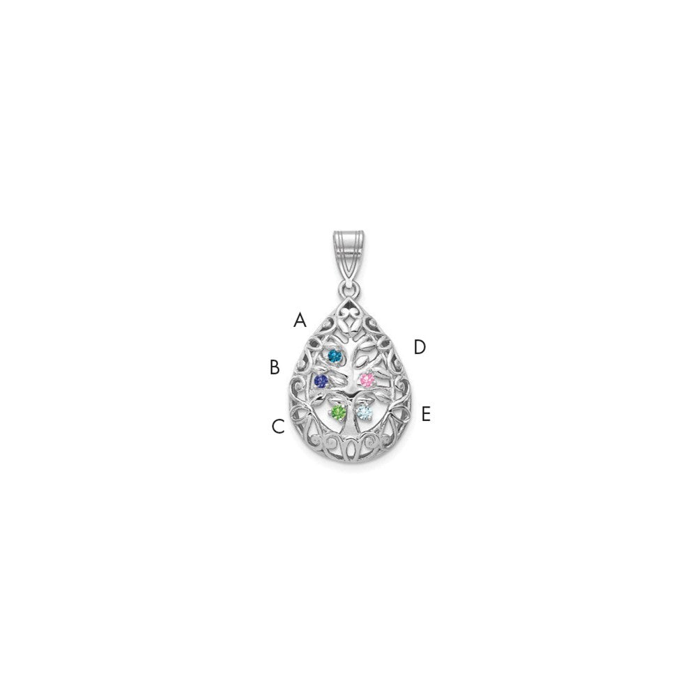 Sterling Silver Rhodium plated 5 Birthstone Tree of Life Tear Drop Pendant