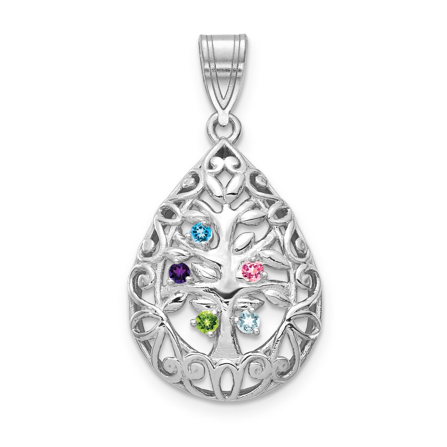 14K White Gold 5 Birthstone Tree of Life Tear Drop Pendant