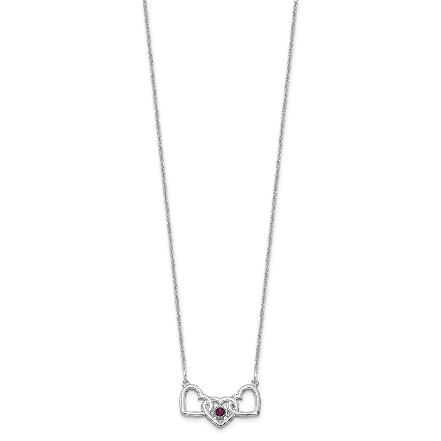 14K White Gold 3 Hearts 1 Birthstone with 18k Rhodium Plated Bezel Necklace