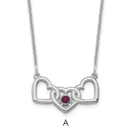 14K White Gold 3 Hearts 1 Birthstone with 18k Rhodium Plated Bezel Necklace