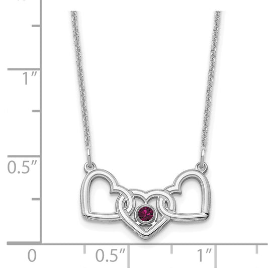 14K White Gold 3 Hearts 1 Birthstone with 18k Rhodium Plated Bezel Necklace