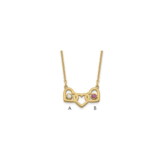 Sterling Silver Gold plated 3 Hearts with 2 Birthstones Necklace