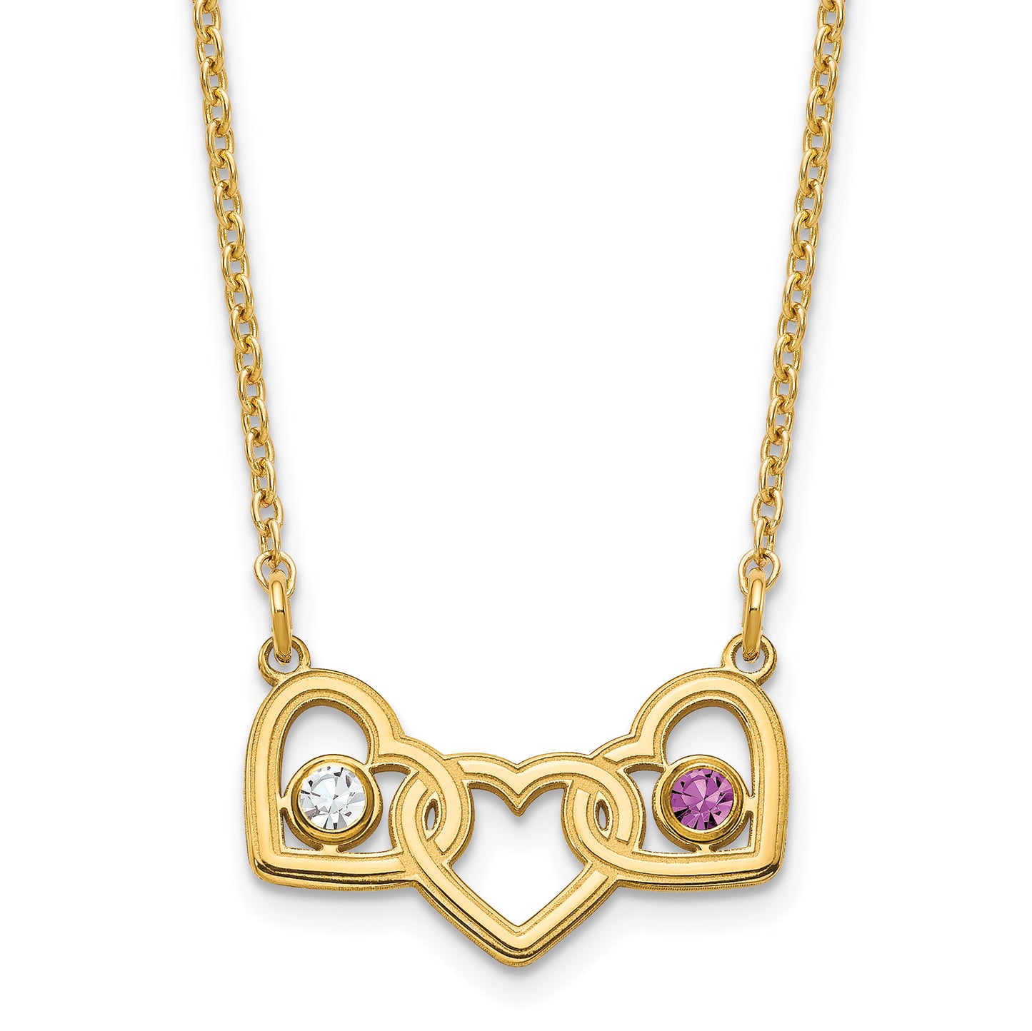 Sterling Silver Gold plated 3 Hearts with 2 Birthstones Necklace