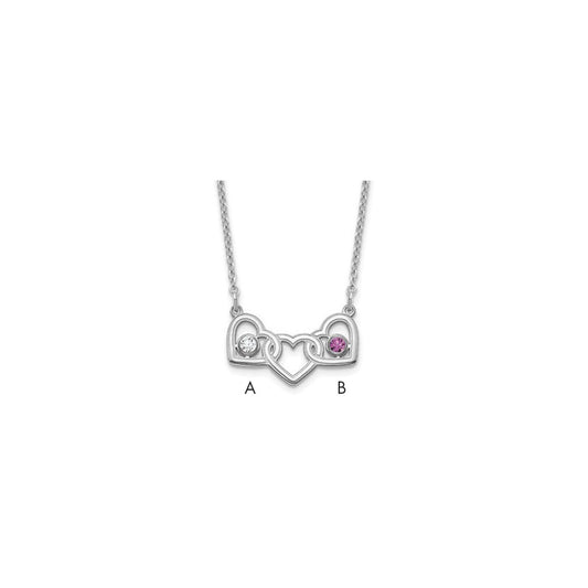 Sterling Silver Rhodium plated 3 Hearts with 2 Birthstones Necklace