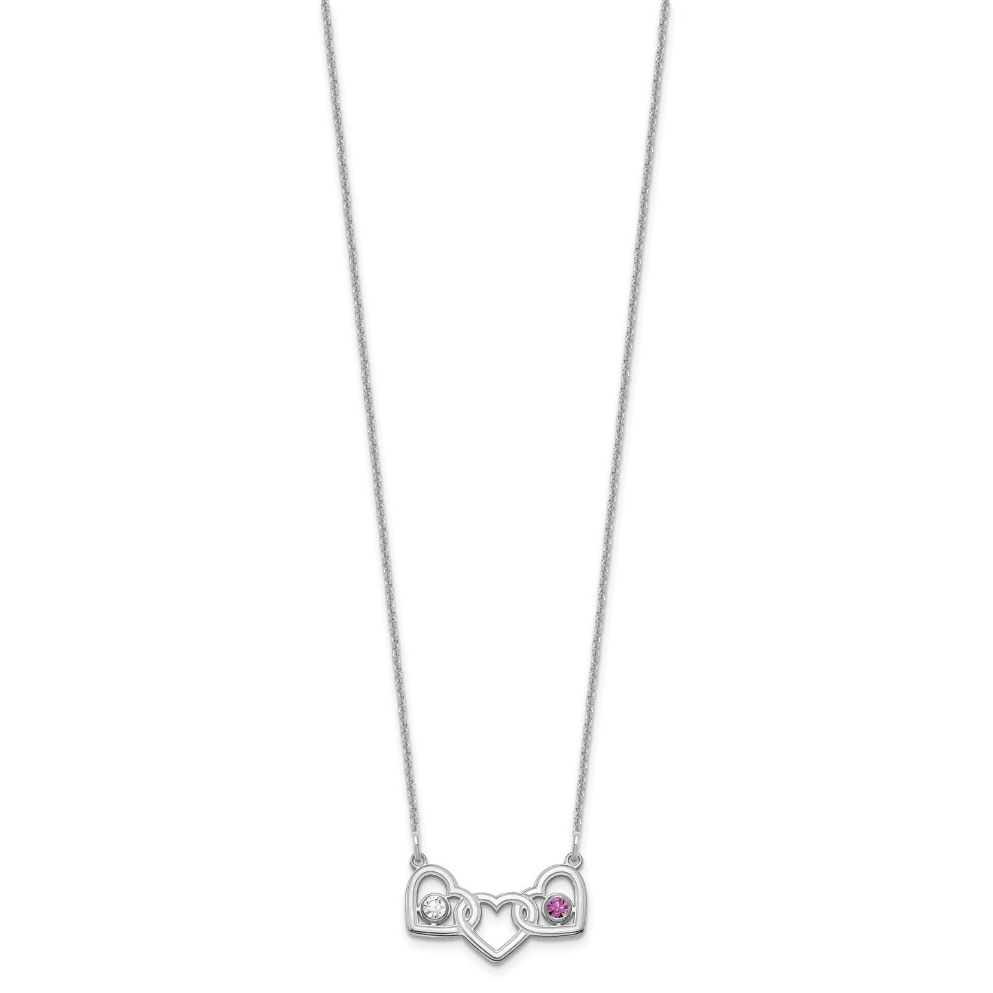 14K White Gold 3 Hearts 2 Birthstones with 18k Rhodium Plated Bezels Necklace