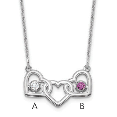 14K White Gold 3 Hearts 2 Birthstones with 18k Rhodium Plated Bezels Necklace