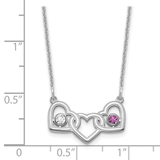 14K White Gold 3 Hearts 2 Birthstones with 18k Rhodium Plated Bezels Necklace