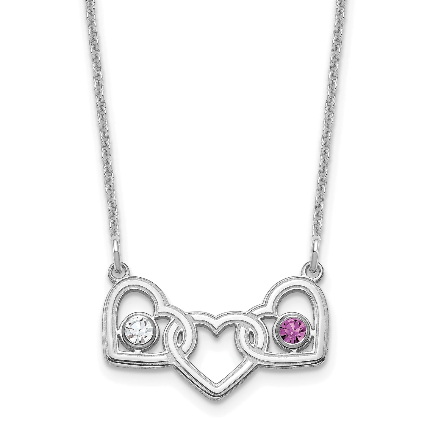 14K White Gold 3 Hearts 2 Birthstones with 18k Rhodium Plated Bezels Necklace