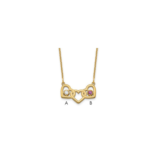 14K Yellow Gold 3 Hearts 2 Birthstones w/ 14k Bezel Necklace