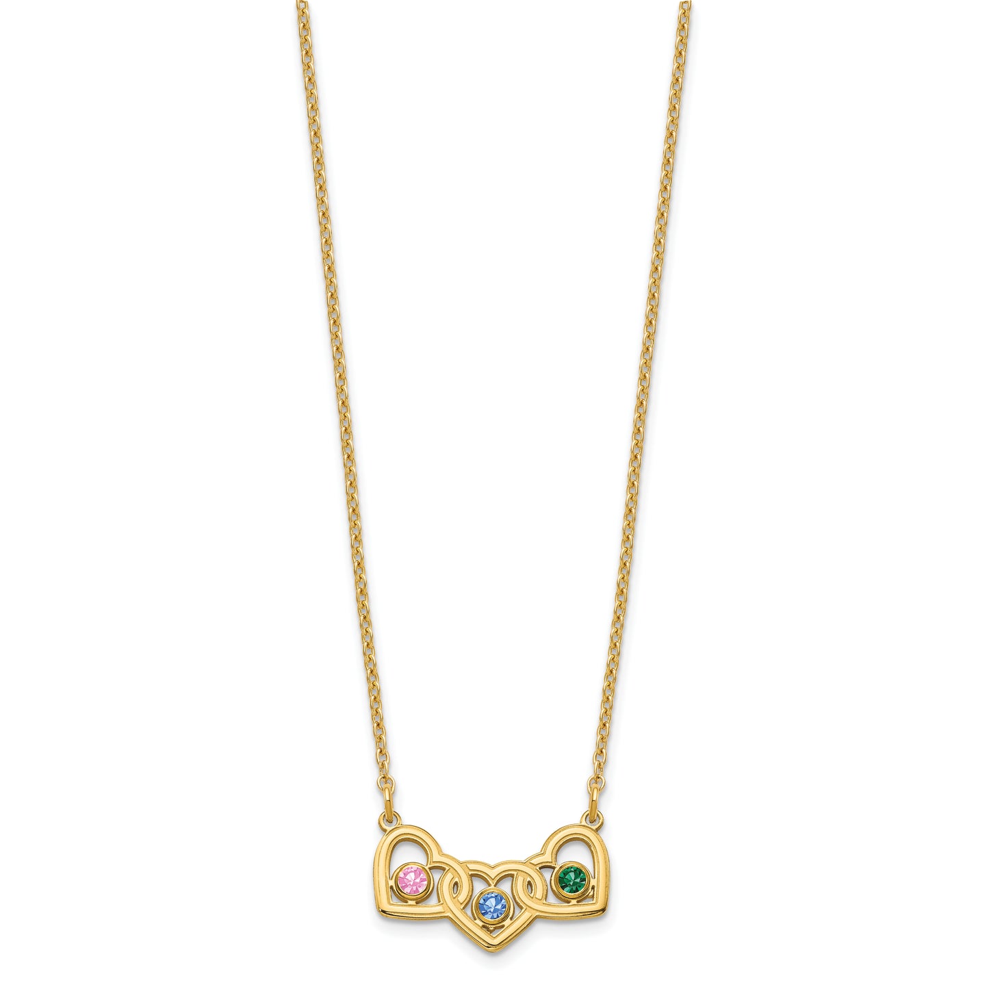 Sterling Silver Gold plated 3 Hearts with 3 Birthstones Necklace
