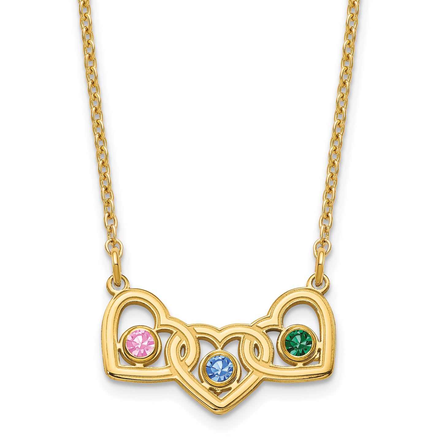 Sterling Silver Gold plated 3 Hearts with 3 Birthstones Necklace