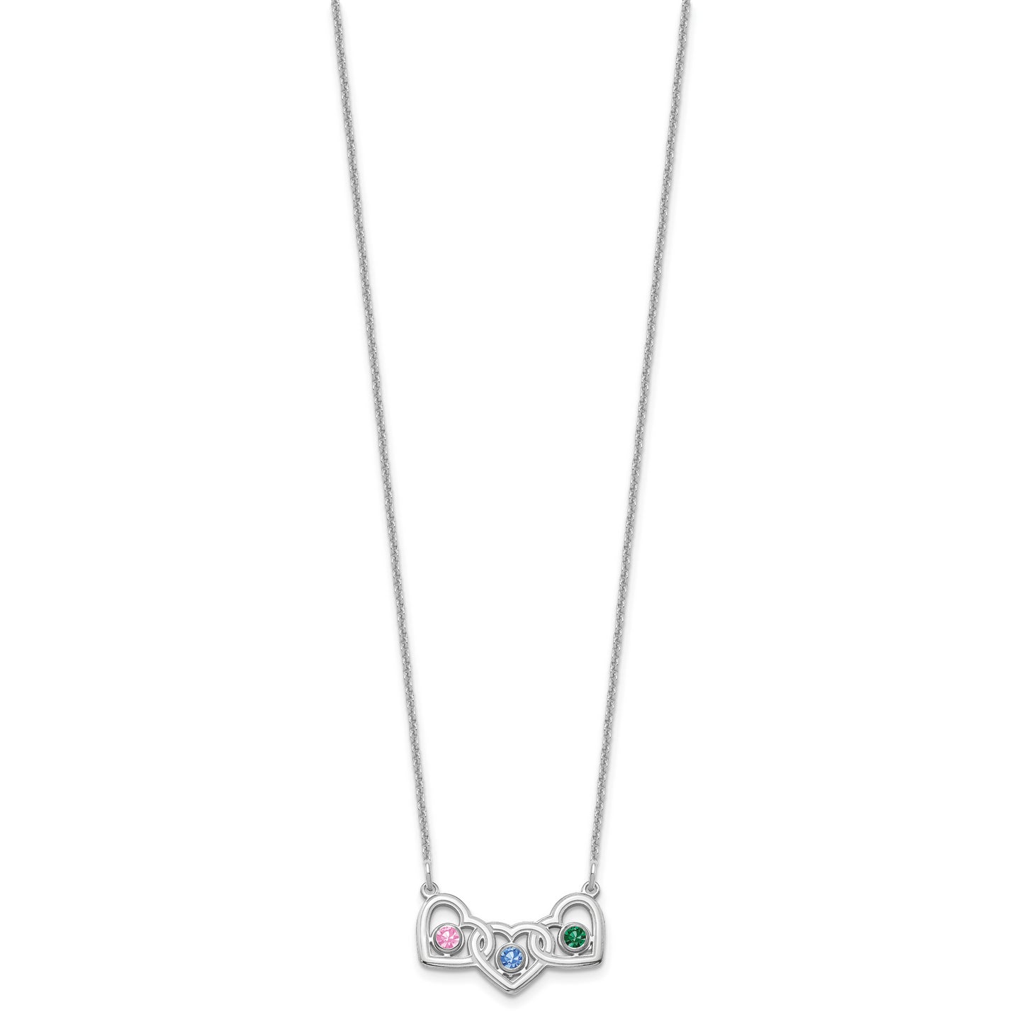 14K White Gold 3 Hearts 3 Birthstones with 18k Rhodium Plated Bezels Necklace