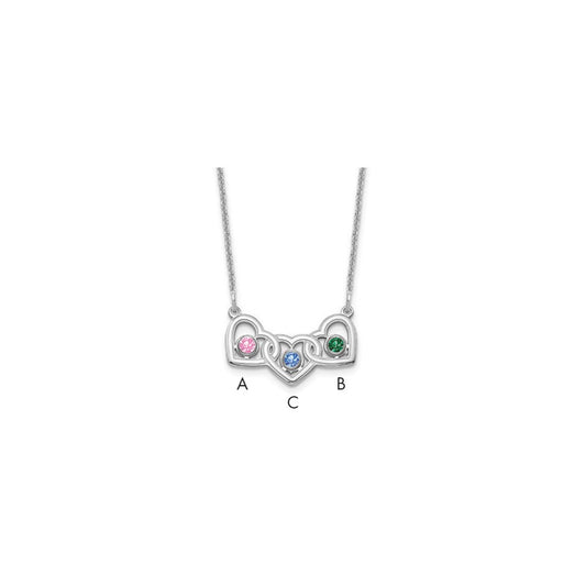 14K White Gold 3 Hearts 3 Birthstones with 18k Rhodium Plated Bezels Necklace