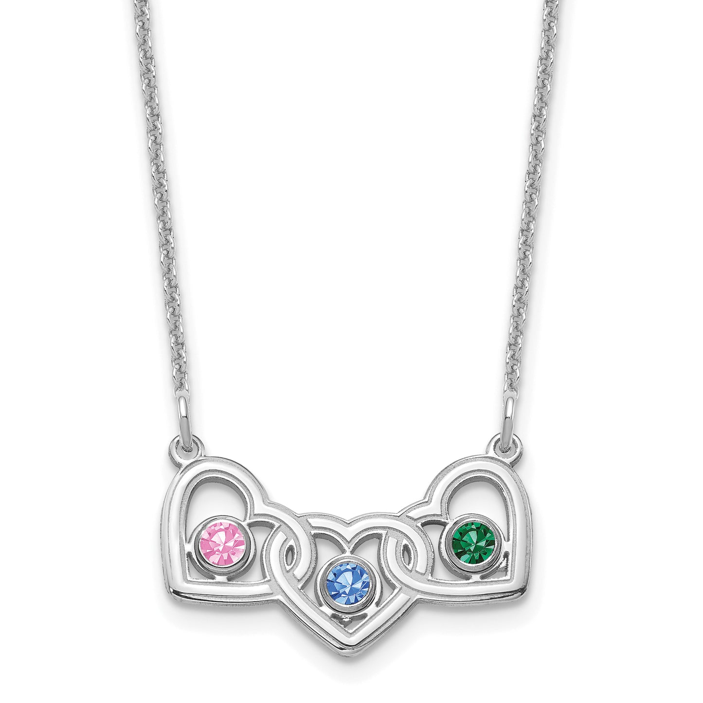 14K White Gold 3 Hearts 3 Birthstones with 18k Rhodium Plated Bezels Necklace